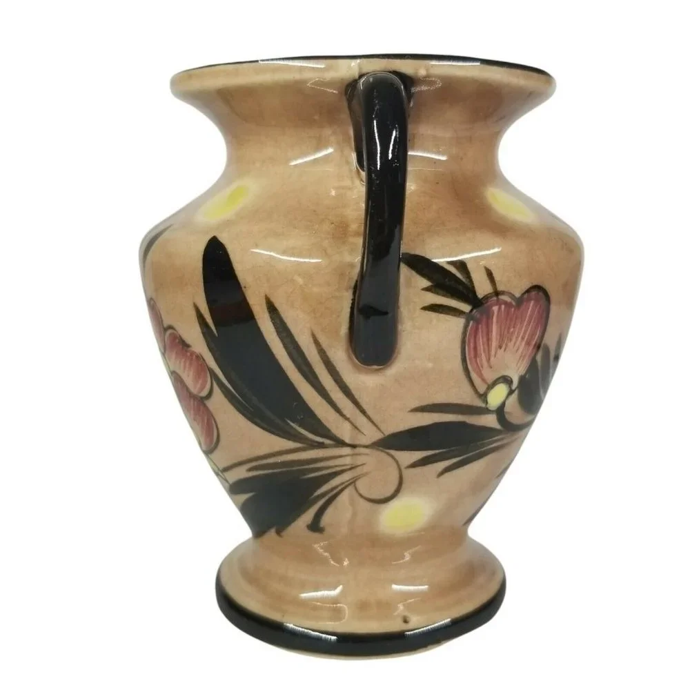 Vintage Double Handle Vase Made In Japan Flowers Floral Black Red Yellow Small